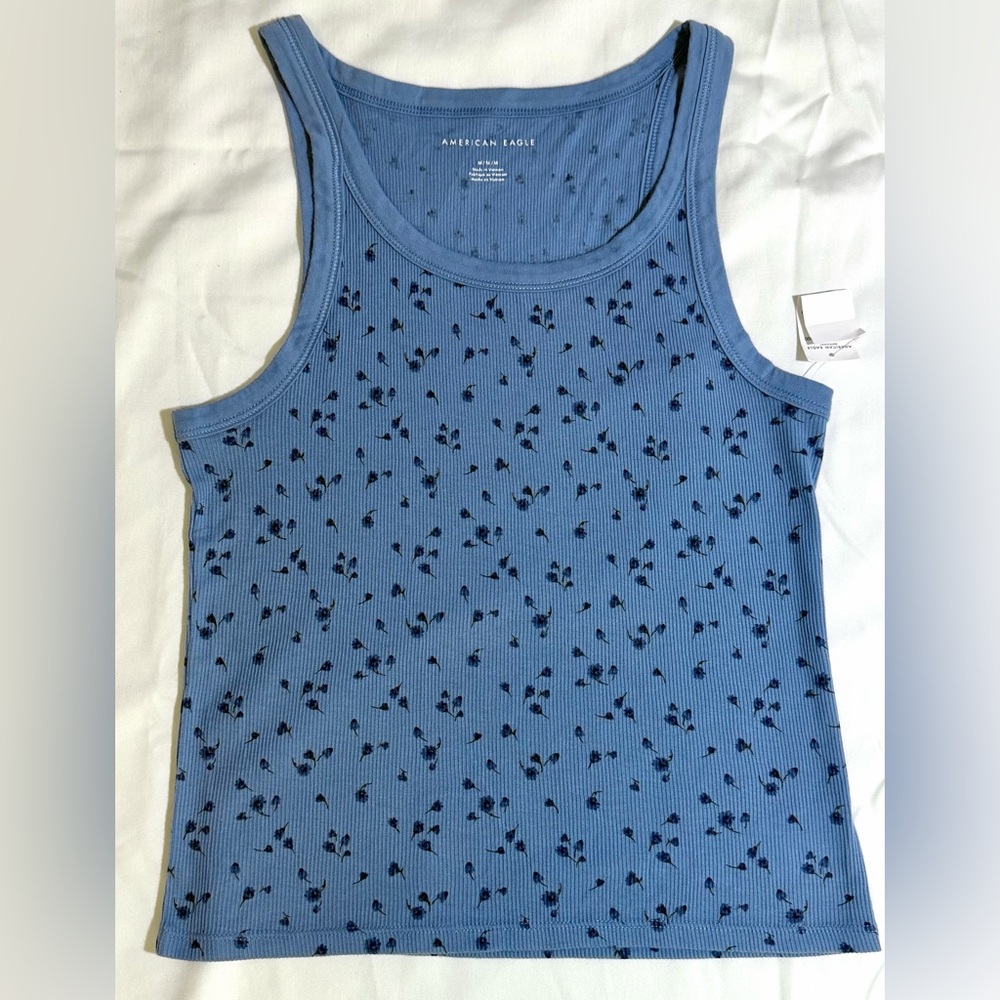 NWT AE Ribbed Blue Floral Print Tank Top - Medium - Picture 7 of 7